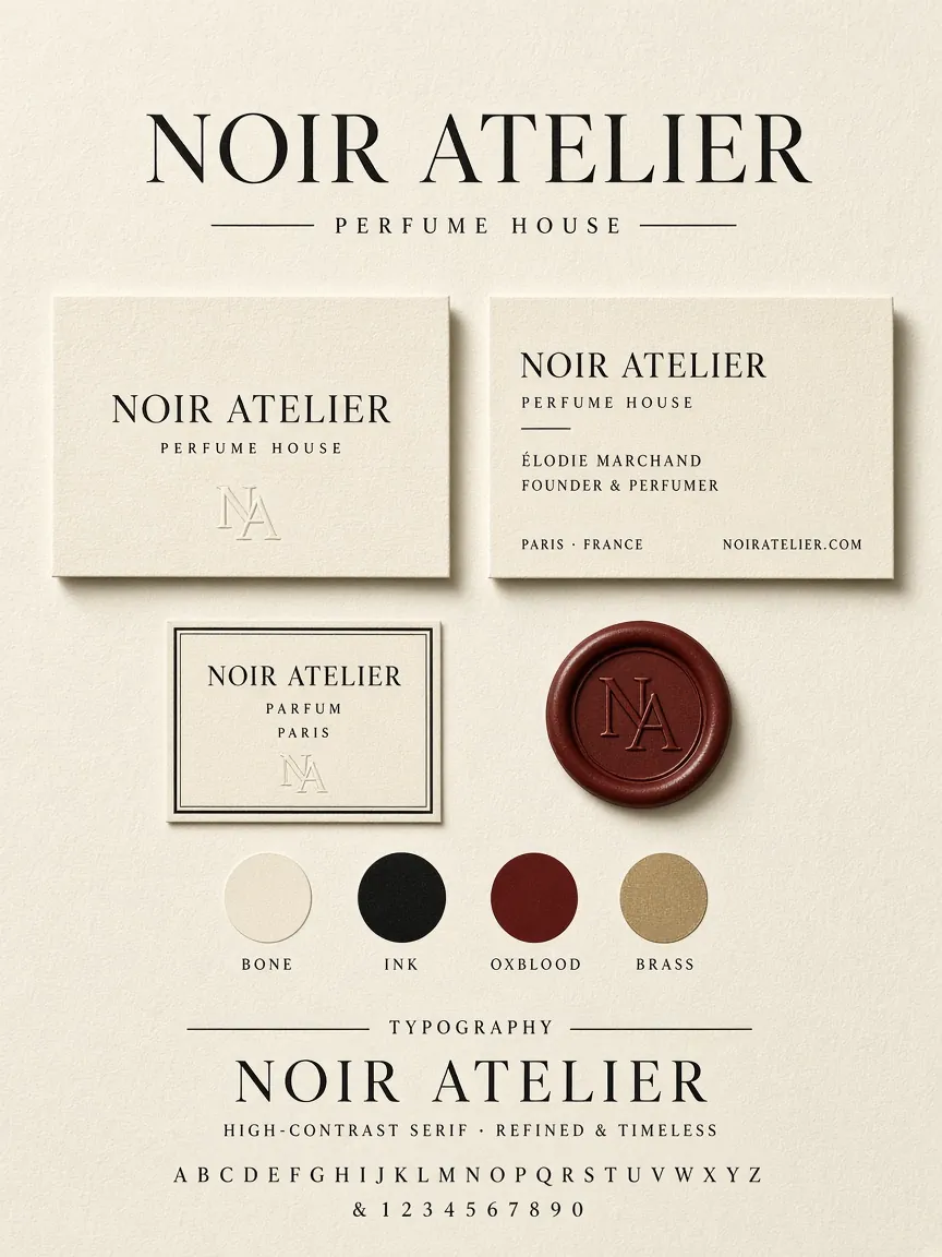 Концепция Noir Atelier: монограмма NA, бумажные носители, цвета и типографика