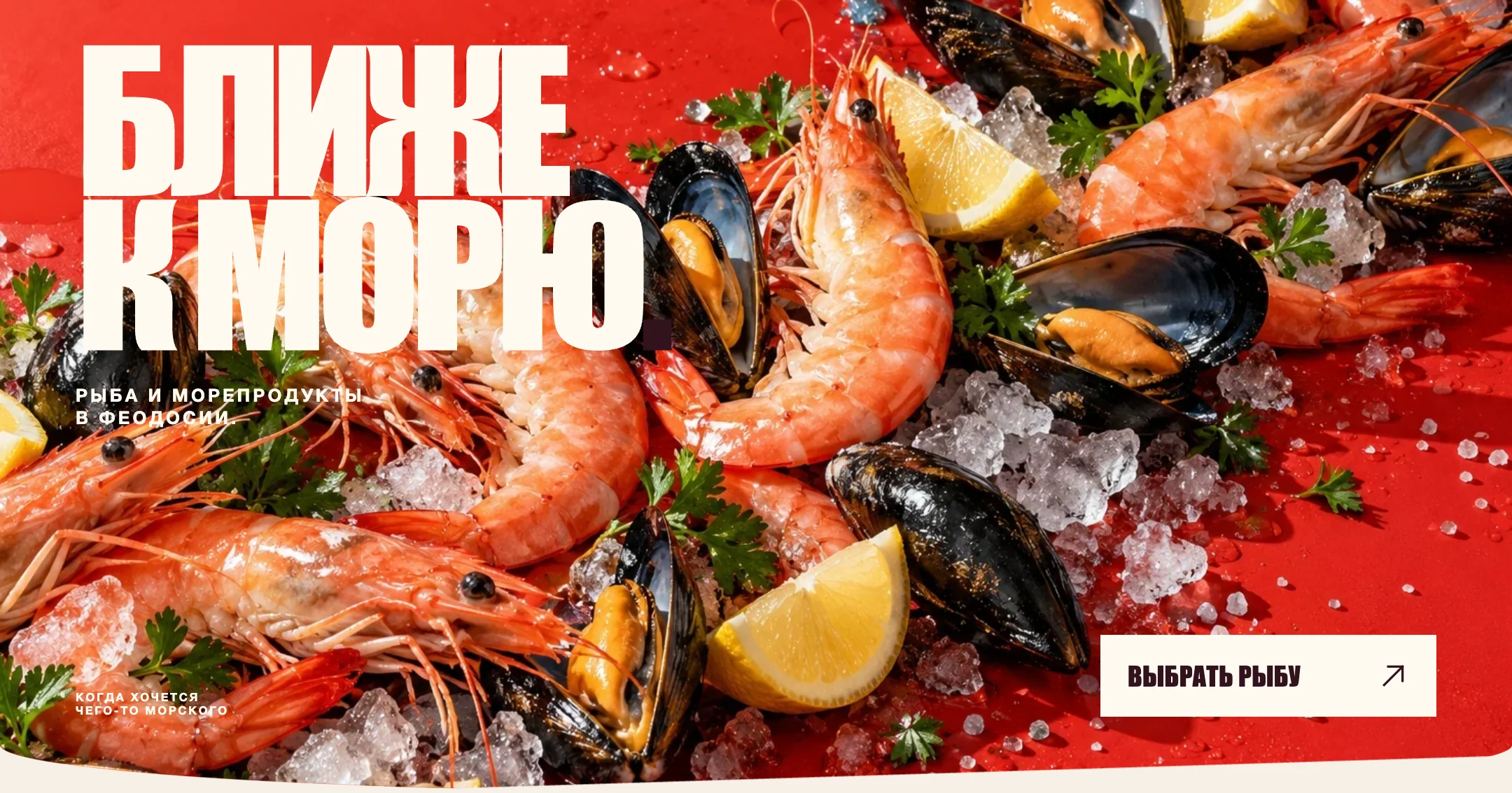 Концепция FeoFish: морепродукты на красном фоне и крупный заголовок «Ближе к морю»
