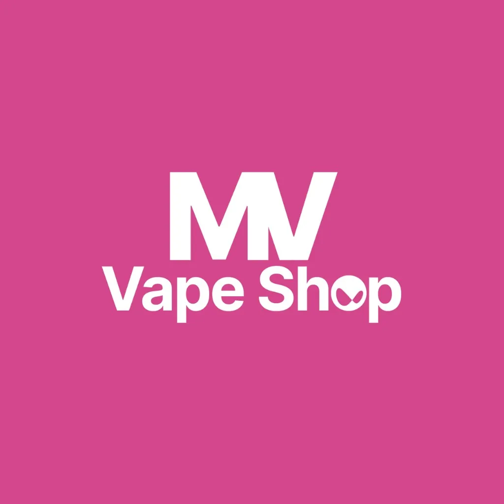 Логотип MV Vape Shop: монограмма MV и название на маджентовом фоне